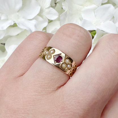 15ct gold ruby and seed pearl antique ring