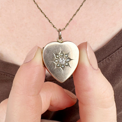 9ct Gold Antique Pearl and Diamond Heart Locket