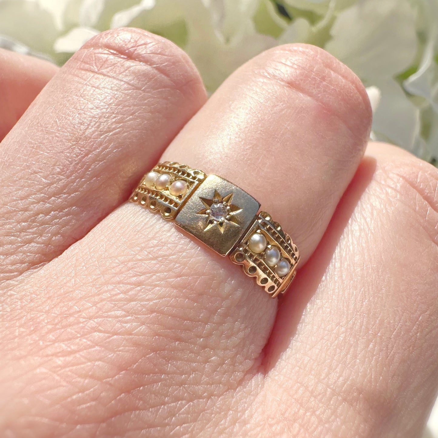 15ct gold victorian antique diamond and pearl starburst ring