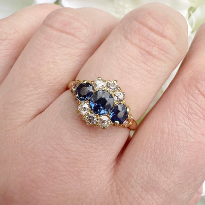18ct gold Victorian (1896) sapphire, diamond and spinel ring