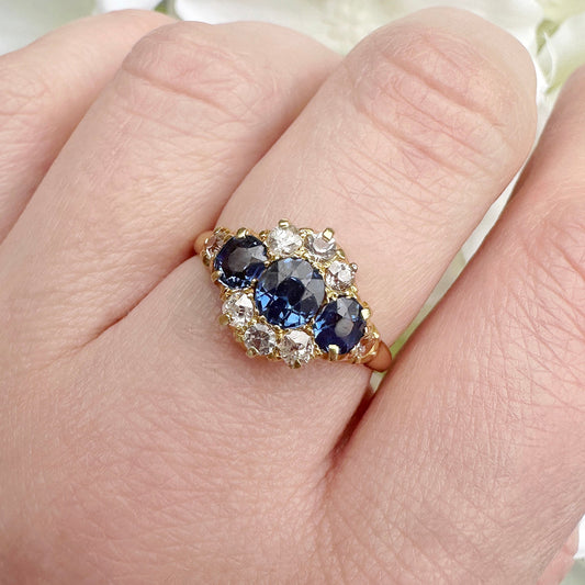 18ct gold Victorian (1896) sapphire, diamond and spinel ring