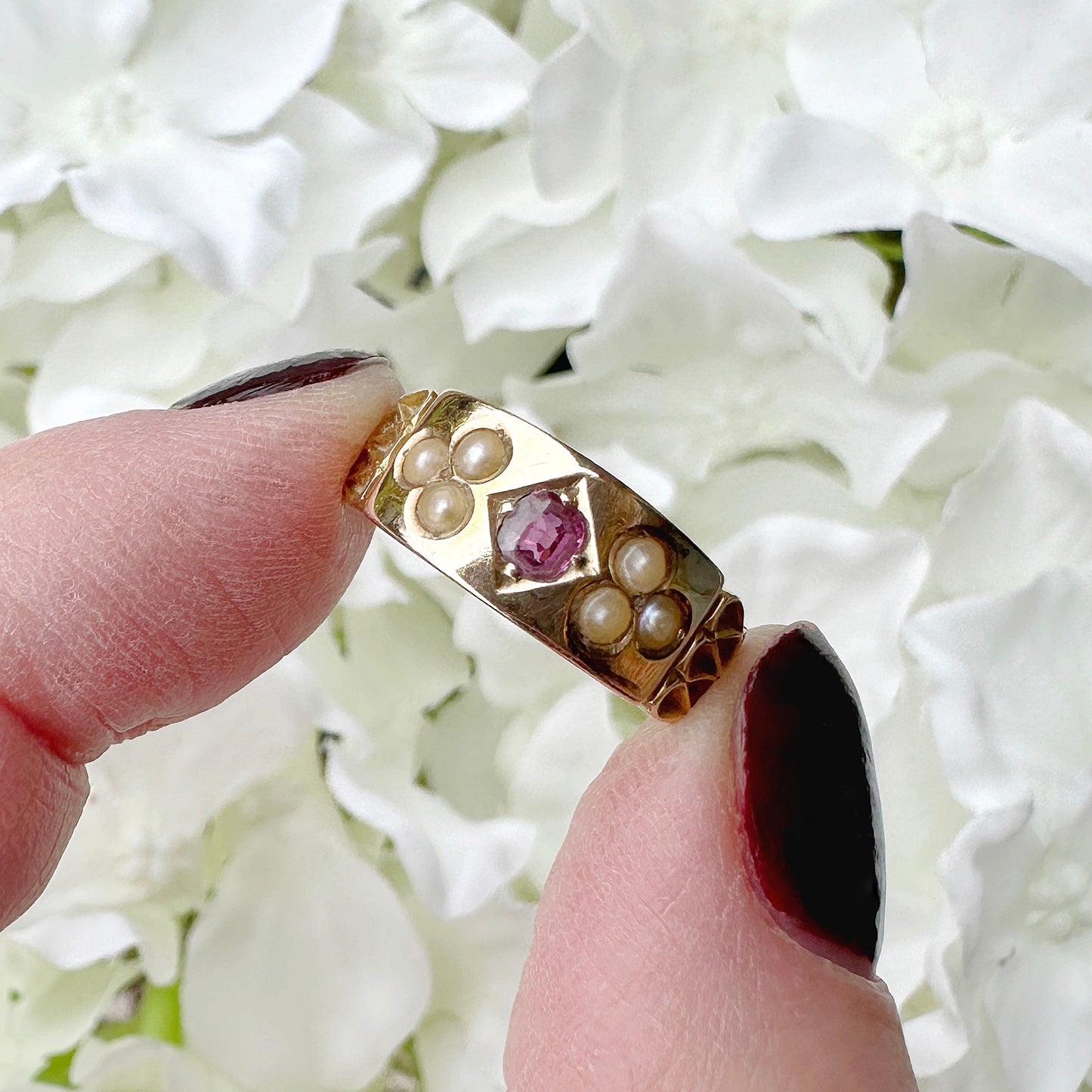 15ct gold ruby and seed pearl antique ring
