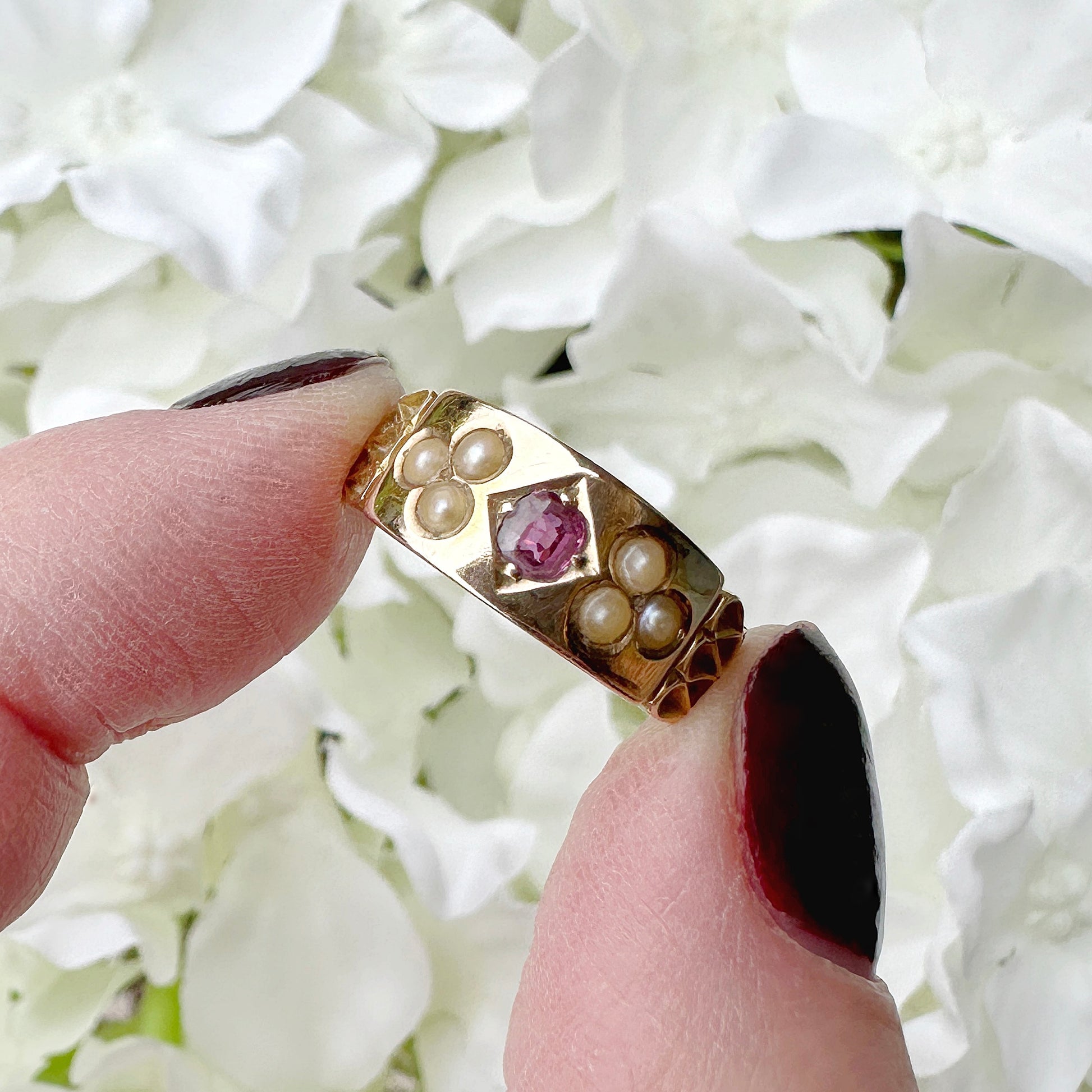15ct gold ruby and seed pearl antique ring