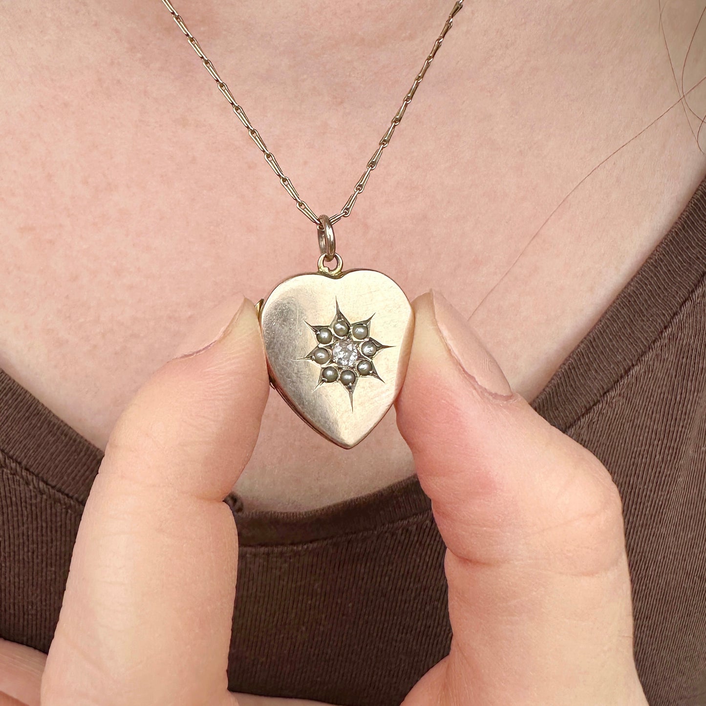 9ct Gold Antique Pearl and Diamond Heart Locket