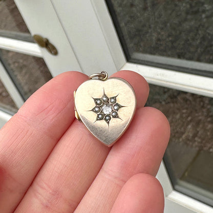 9ct Gold Antique Pearl and Diamond Heart Locket