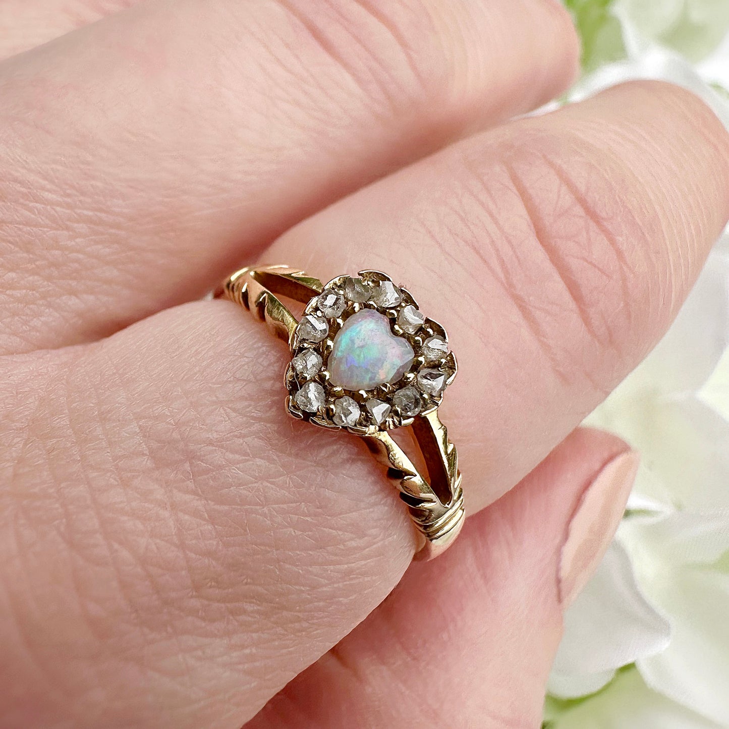 antique 18ct gold Edwardian opal heart and diamond chip ring