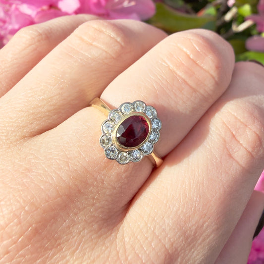 ruby and diamond cluster engagement ring