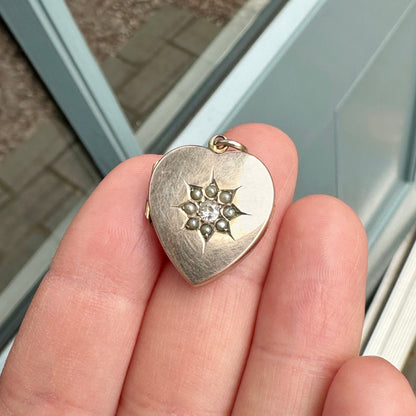 9ct Gold Antique Pearl and Diamond Heart Locket