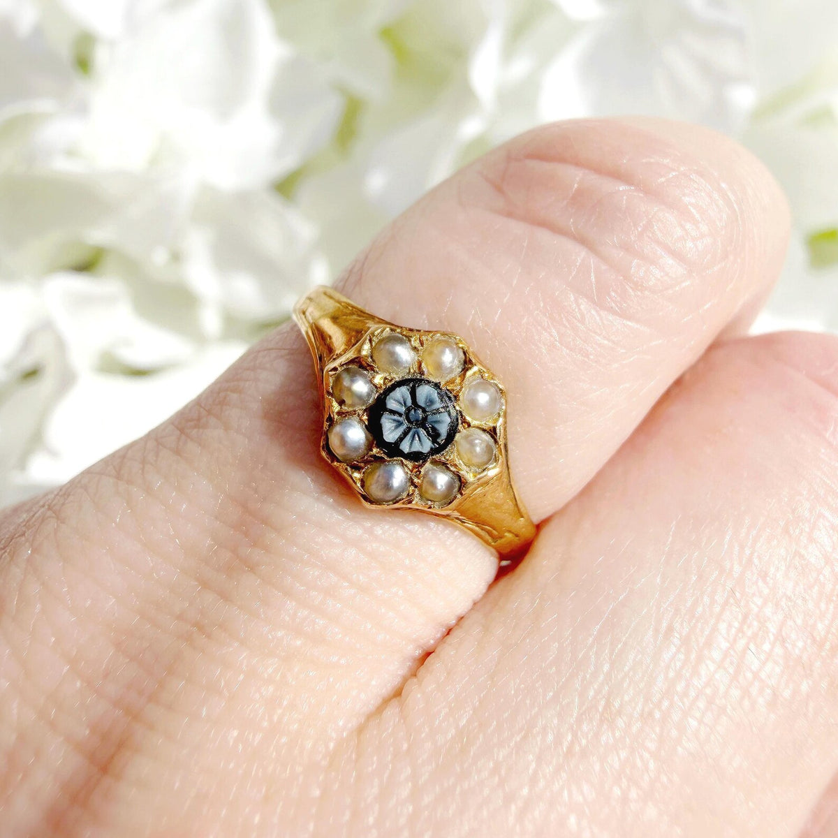 Lenore 18k Victorian Seed Pearl & Sardonyx Forget Me Not Ring