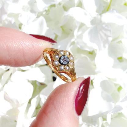 Lenore 18k Victorian Seed Pearl & Sardonyx Forget Me Not Ring