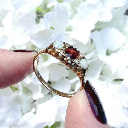 Lucie  9ct Gold Garnet Opal and Diamond Trilogy Ring