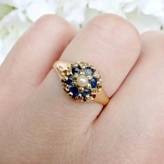 Ebba 15k Victorian Sapphire and Pearl Cluster Ring