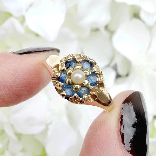 Ebba 15k Victorian Sapphire and Pearl Cluster Ring