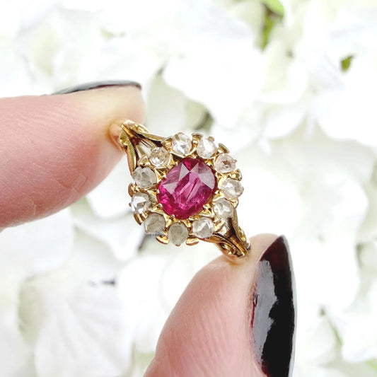 Phoebe 18k Edwardian Ruby and Rose Cut Diamond Ring