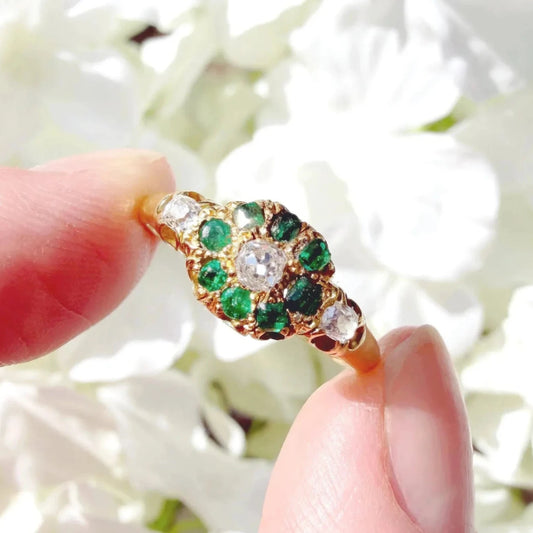 Edie 18k Gold Edwardian Emerald & Diamond Cluster Ring