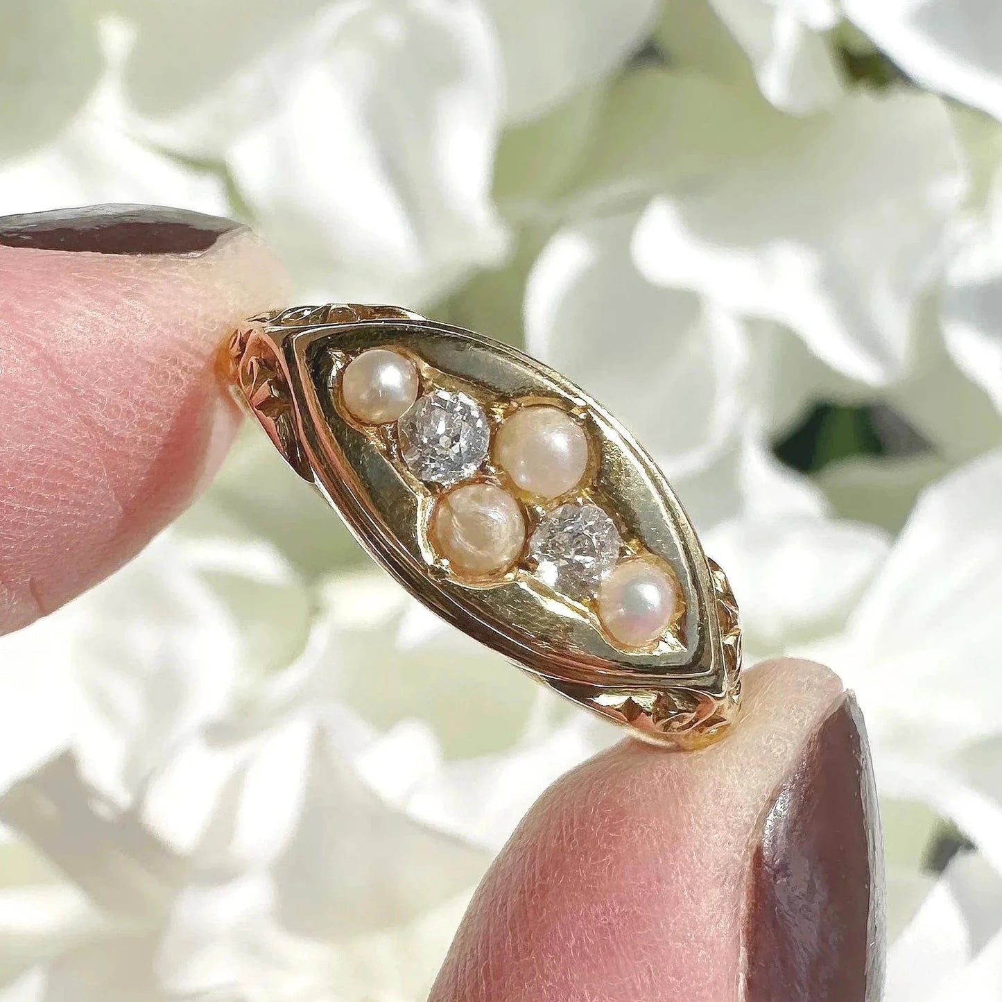 Gracie Antique 18ct Diamond and Pearl Ring Victorian