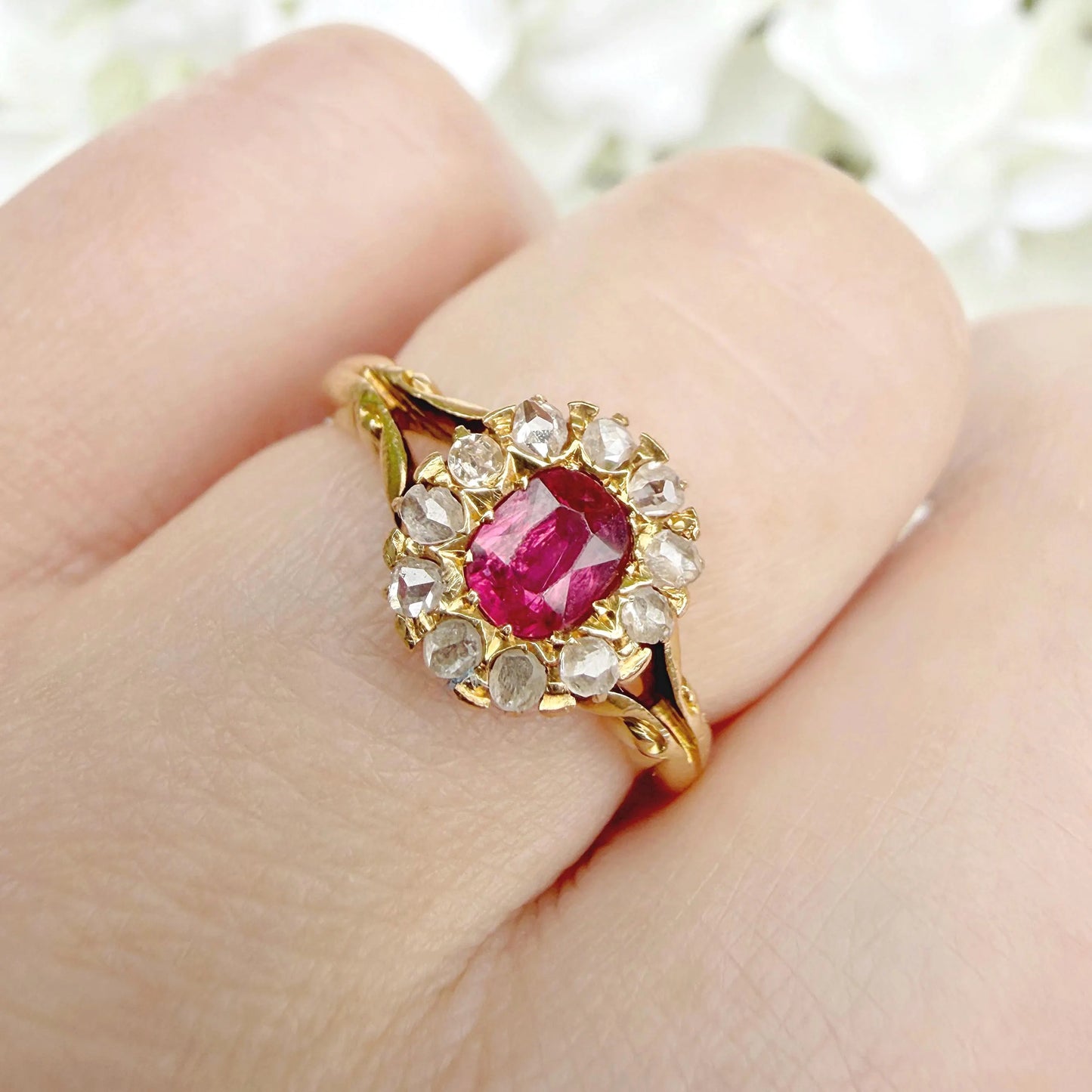 Phoebe 18k Edwardian Ruby and Rose Cut Diamond Ring