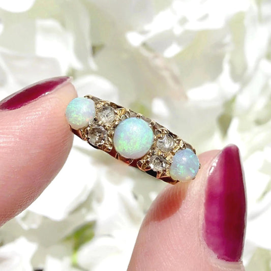 Helena Antique Opal and Diamond 18k Trilogy Ring