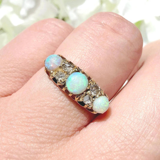 Helena Antique Opal and Diamond 18k Trilogy Ring