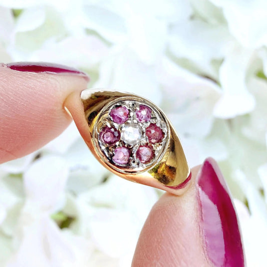 Josephine Antique 18k Gold Rose Cut Diamond and Ruby Ring