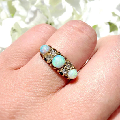 Helena Antique Opal and Diamond 18k Trilogy Ring
