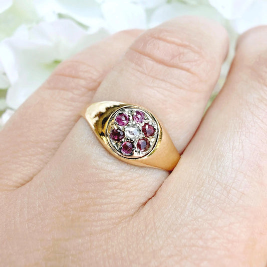 Josephine Antique 18k Gold Rose Cut Diamond and Ruby Ring