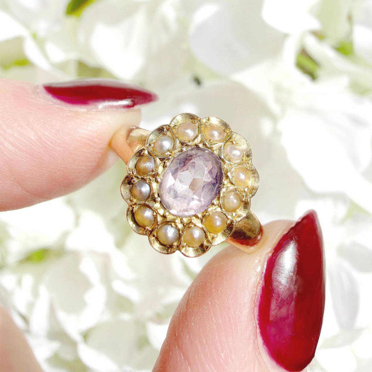 Alice 18k Victorian Amethyst and Pearl Ring