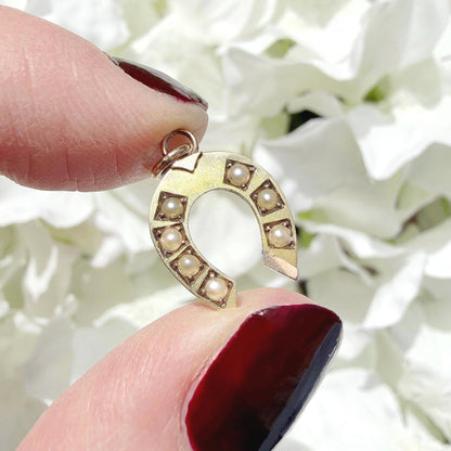 gold and seed pearl lucky horseshoe charm