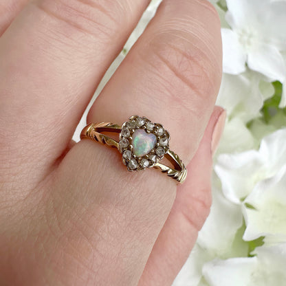 antique 18ct gold Edwardian opal heart and diamond chip ring