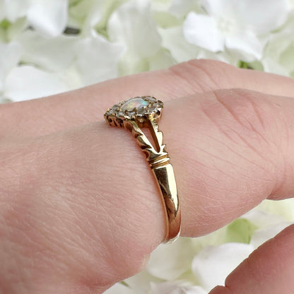 antique 18ct gold Edwardian opal heart and diamond chip ring