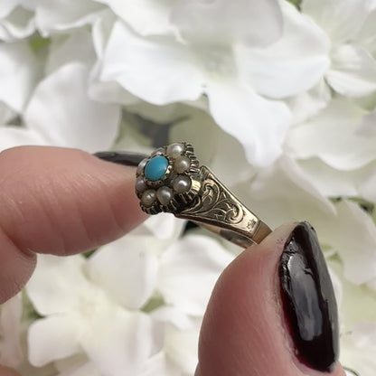 Juniper 9k Victorian Turquoise and Pearl Ring