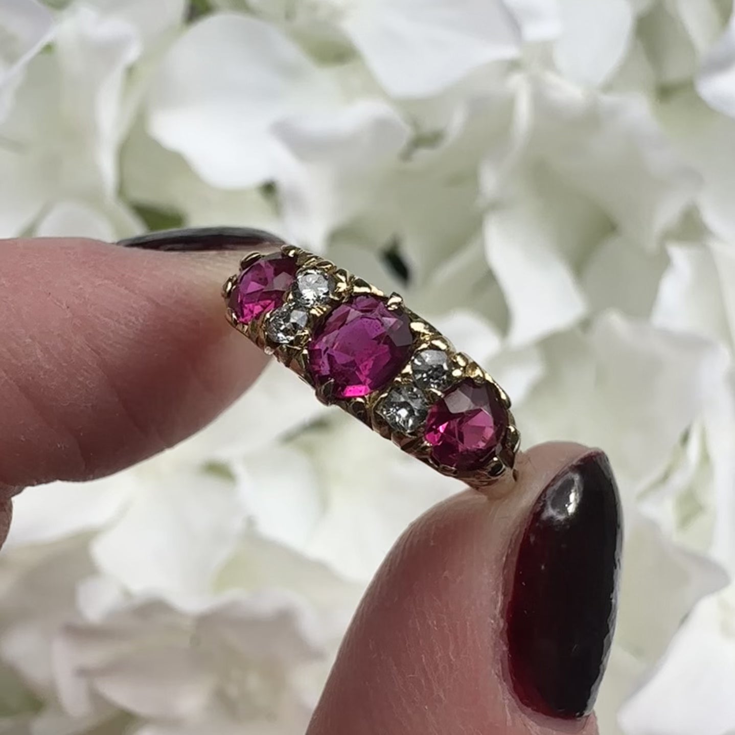 vintage 18ct gold ruby and diamond trilogy ring