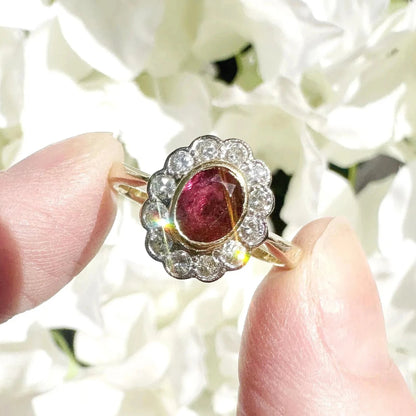 ruby and diamond cluster engagement ring