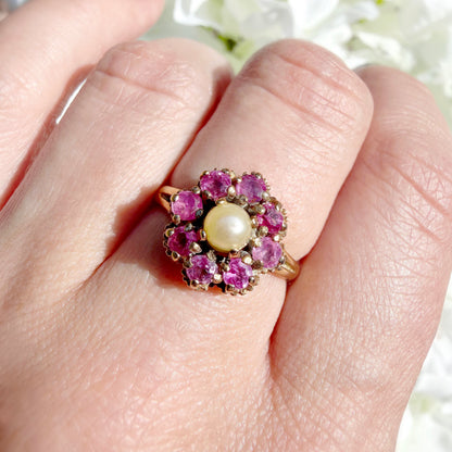 ruby and pearl cluster ring