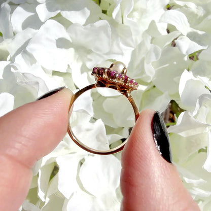 ruby and pearl cluster ring