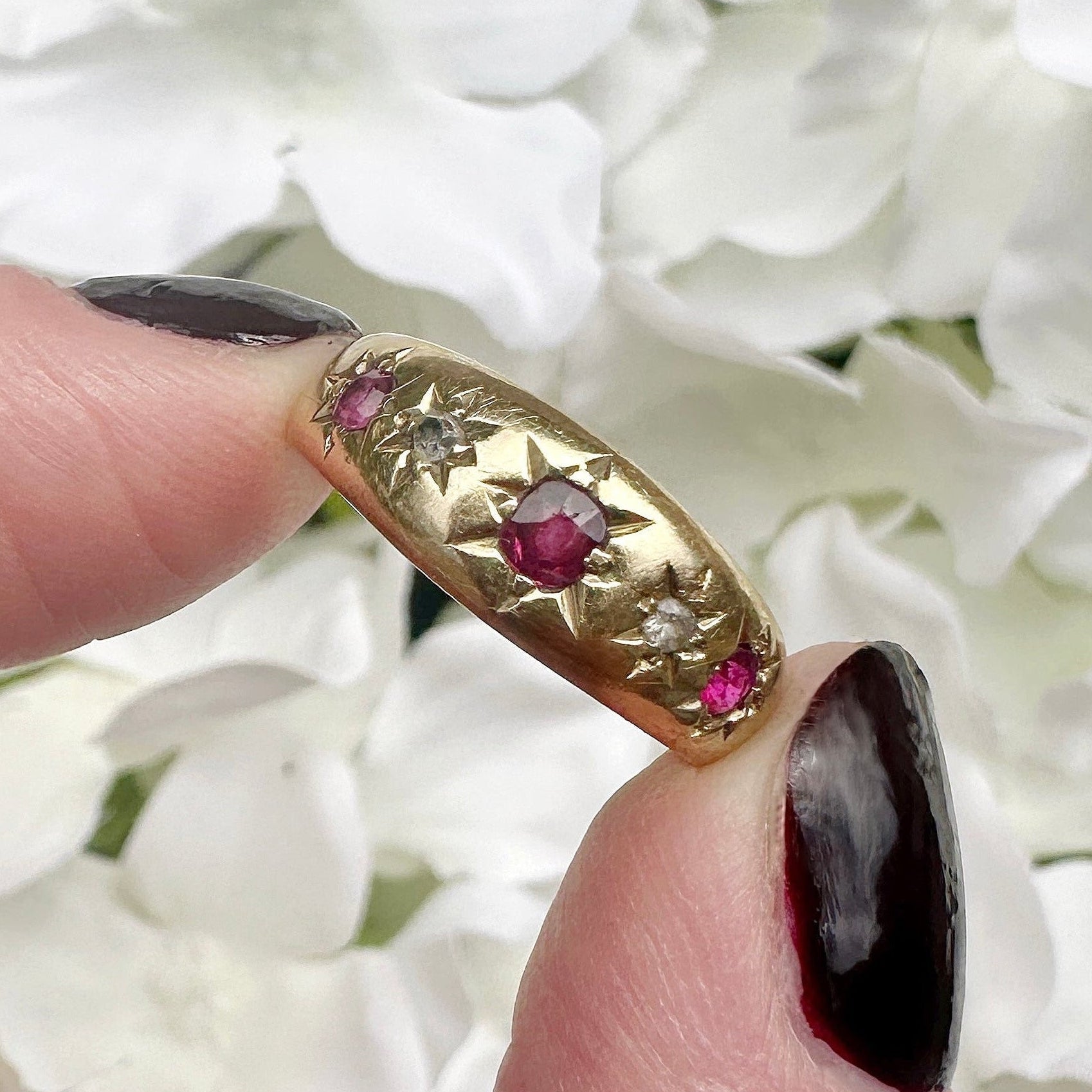 Edwardian 18ct gold ruby and diamond starburst gypsy ring