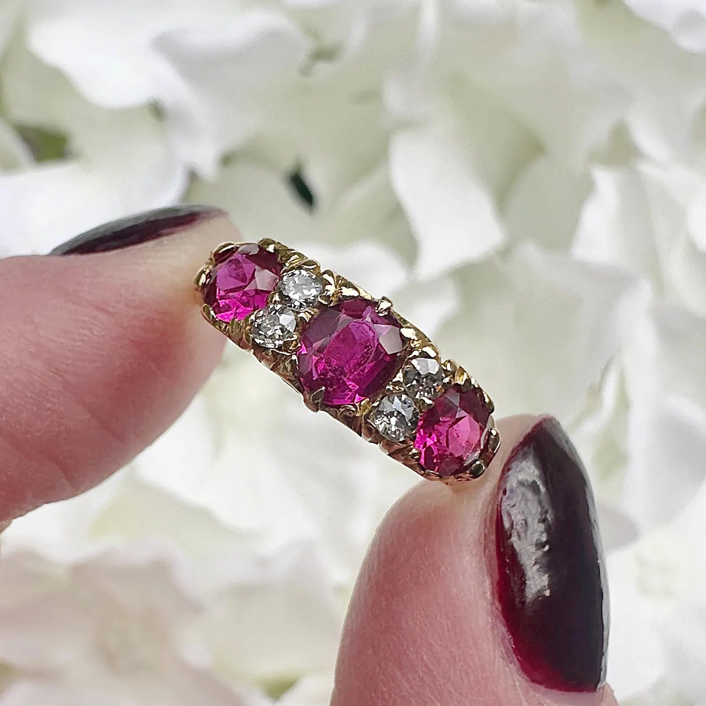 vintage 18ct gold ruby and diamond trilogy ring