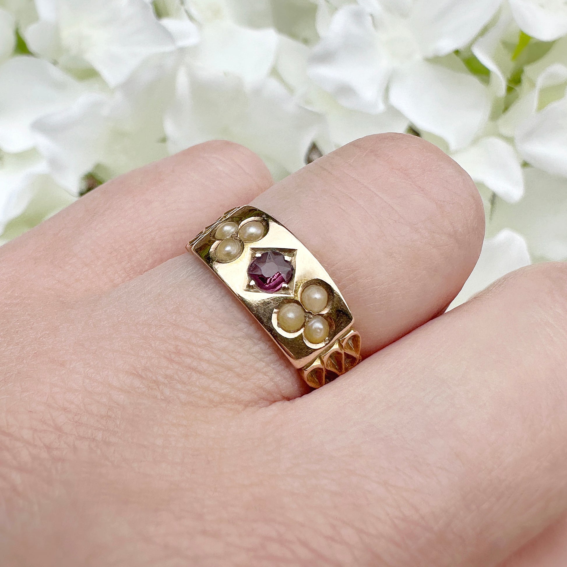 15ct gold ruby and seed pearl antique ring