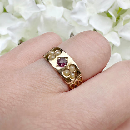 15ct gold ruby and seed pearl antique ring