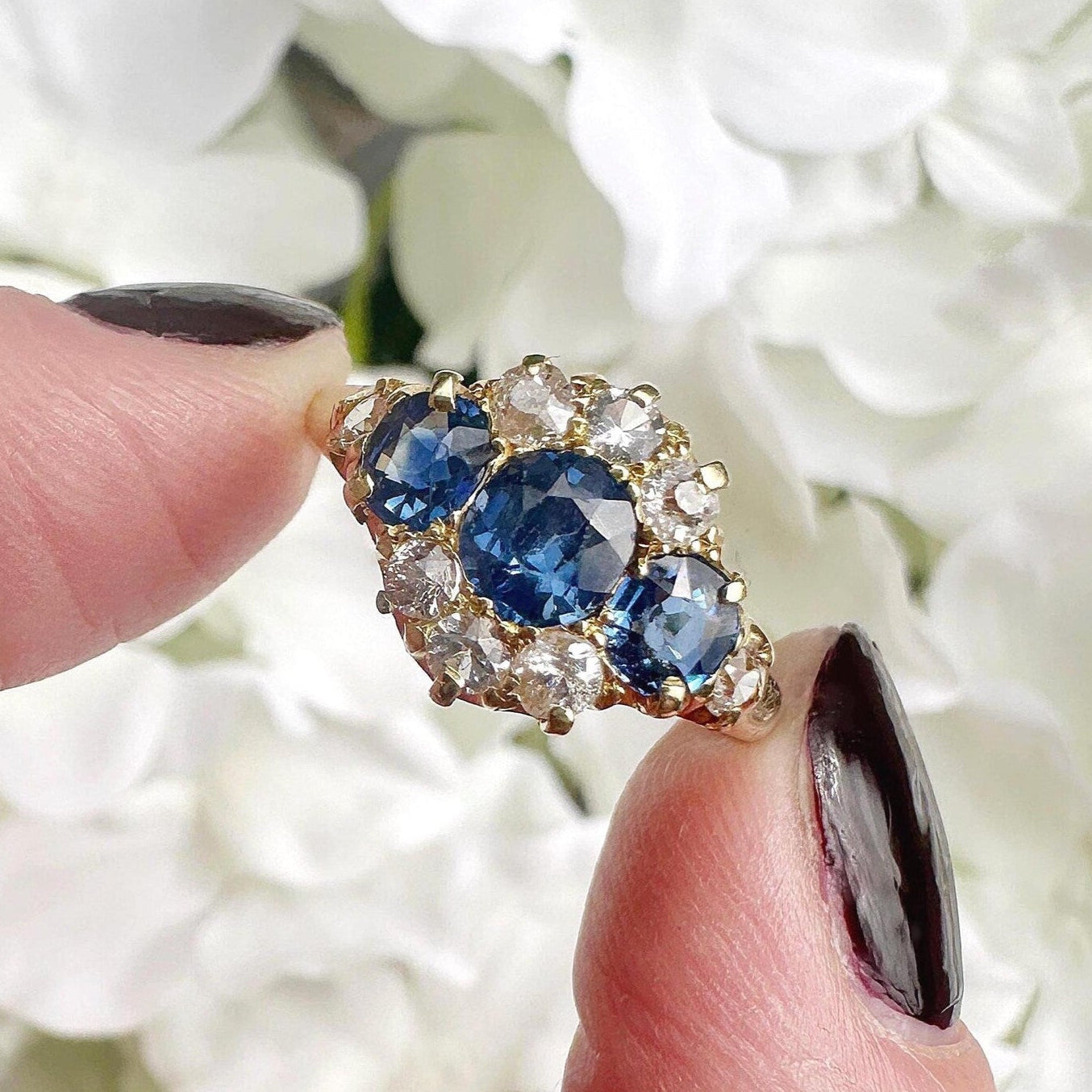 18ct gold Victorian (1896) sapphire, diamond and spinel ring