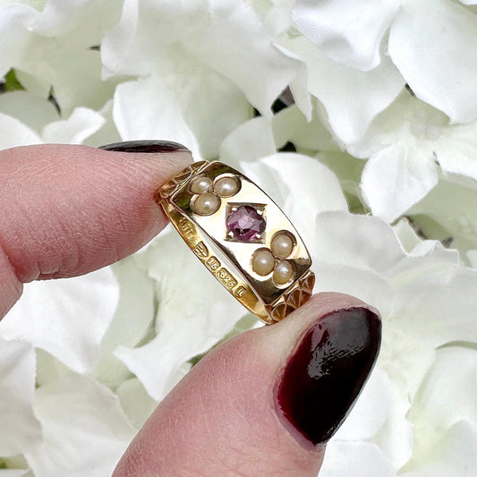 15ct gold ruby and seed pearl antique ring