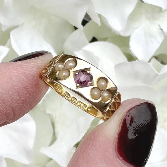 15ct gold ruby and seed pearl antique ring