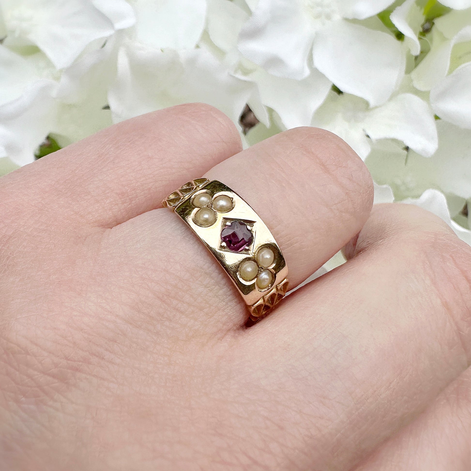 15ct gold ruby and seed pearl antique ring