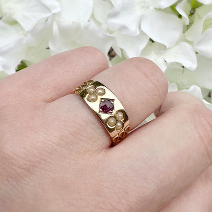 15ct gold ruby and seed pearl antique ring