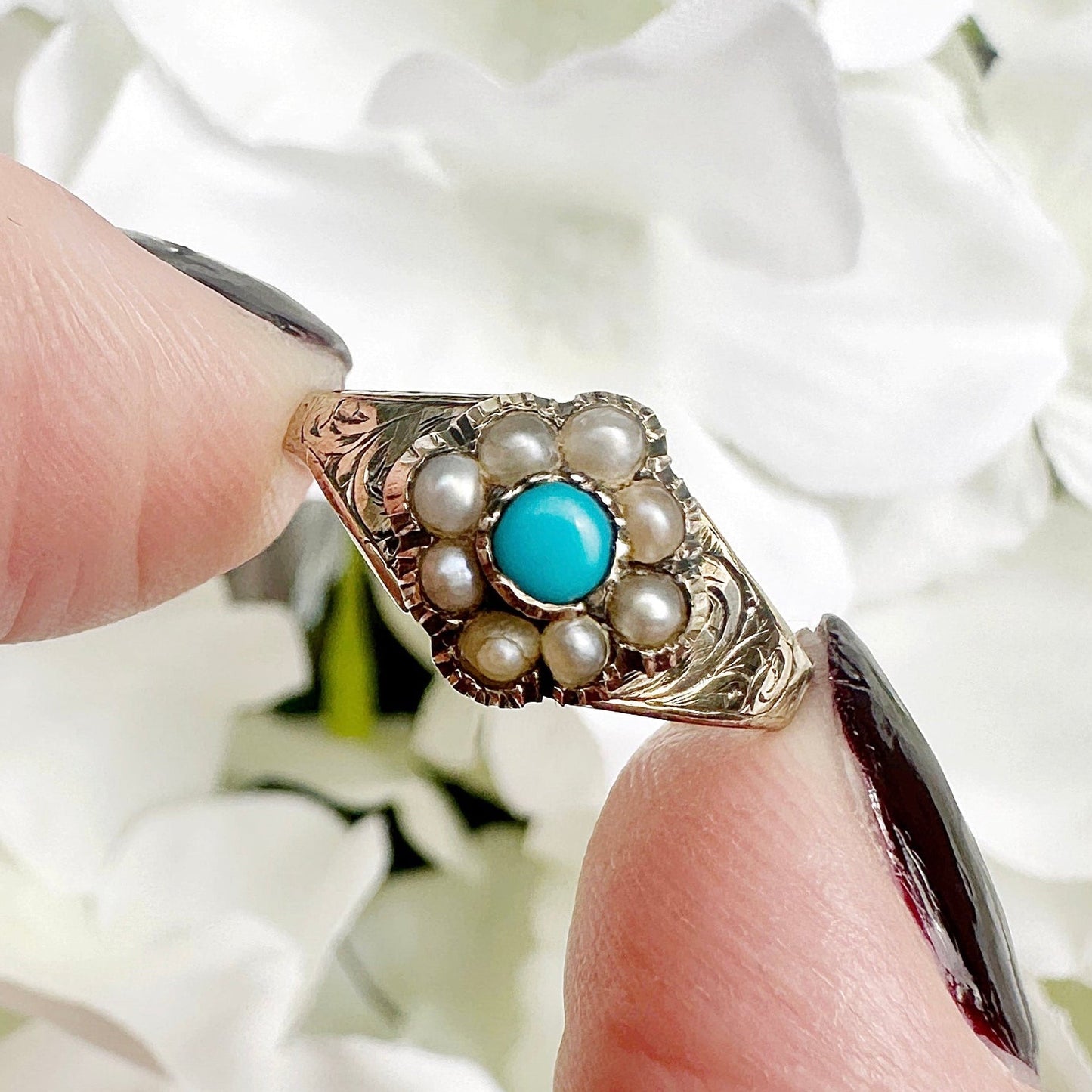 9ct gold Victorian turquoise and pearl cluster ring