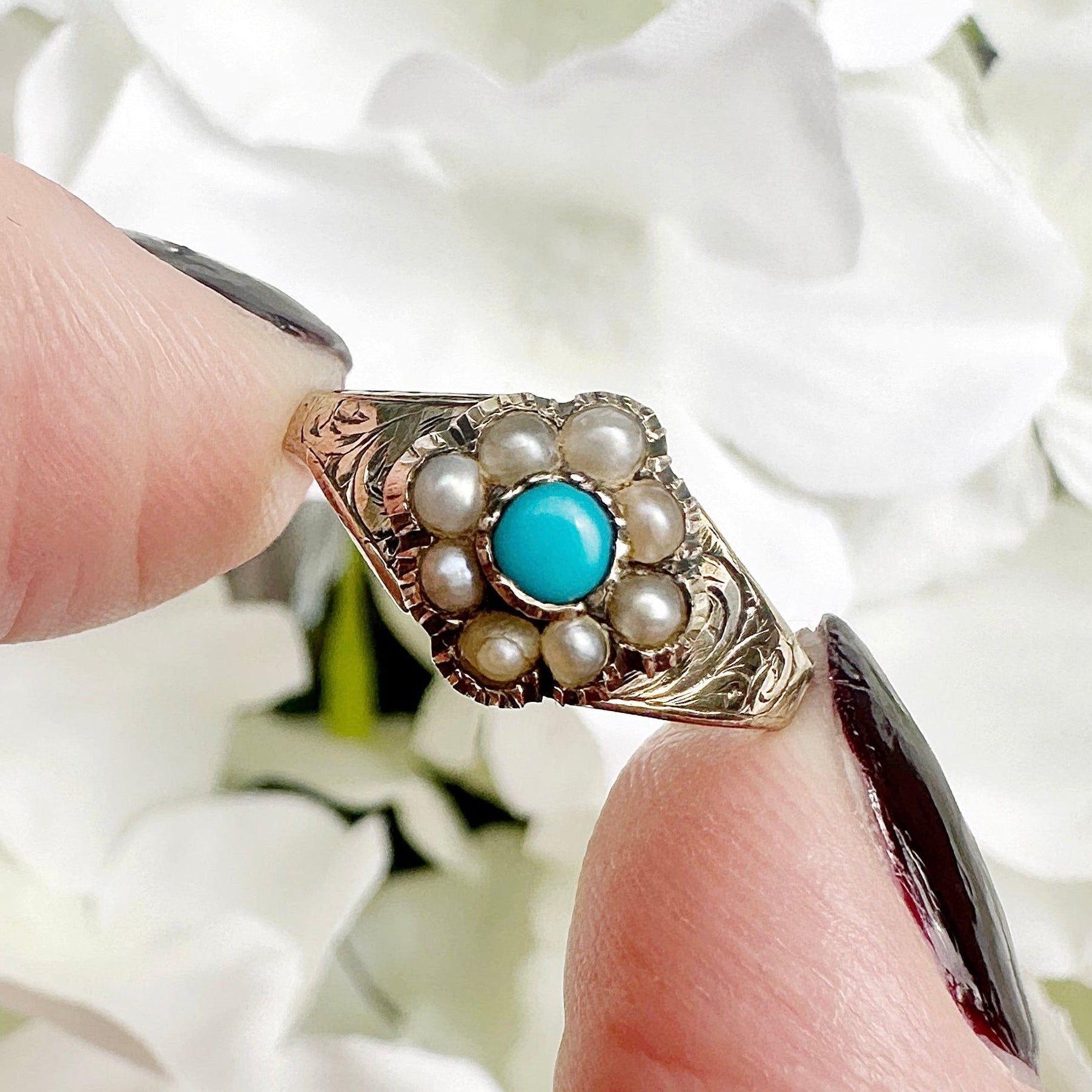 9ct gold Victorian turquoise and pearl cluster ring