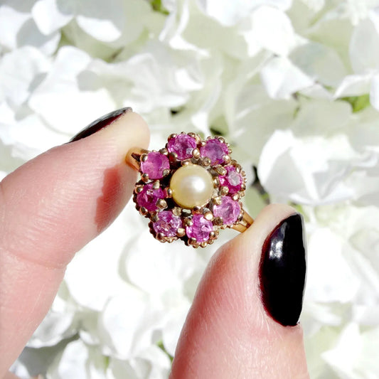 ruby and pearl cluster ring