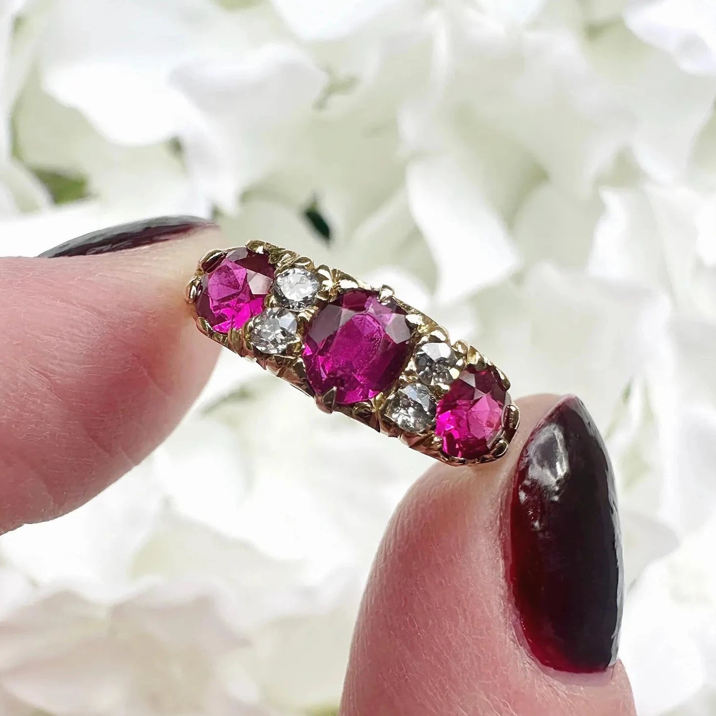 vintage 18ct gold ruby and diamond trilogy ring