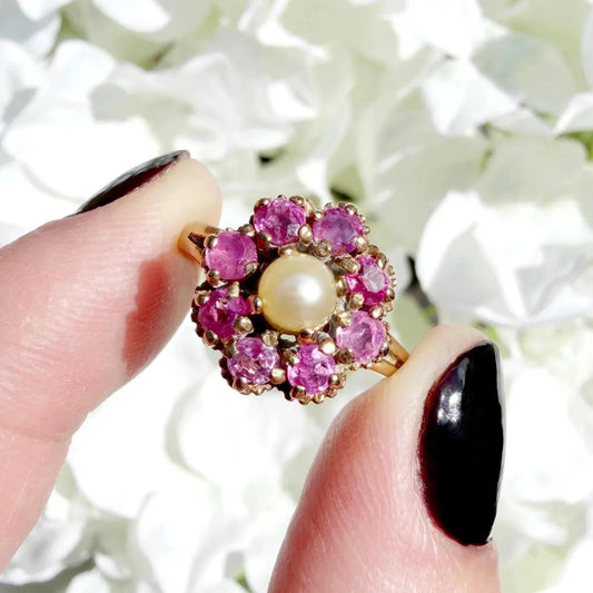 ruby and pearl cluster ring